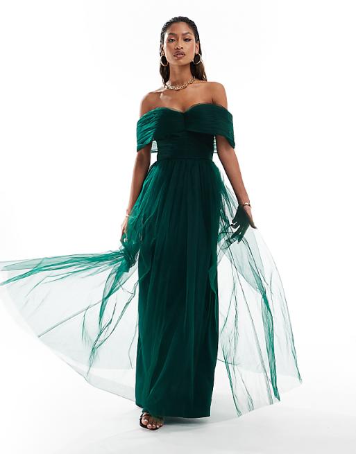 Lace & Beads bow off shoulder tulle maxi dress in forest Lace & Beads bow off shoulder tulle maxi dress in forest