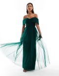 [Lace & Beads] Lace & Beads bow off shoulder tulle maxi dress in forest green 6 Forest green