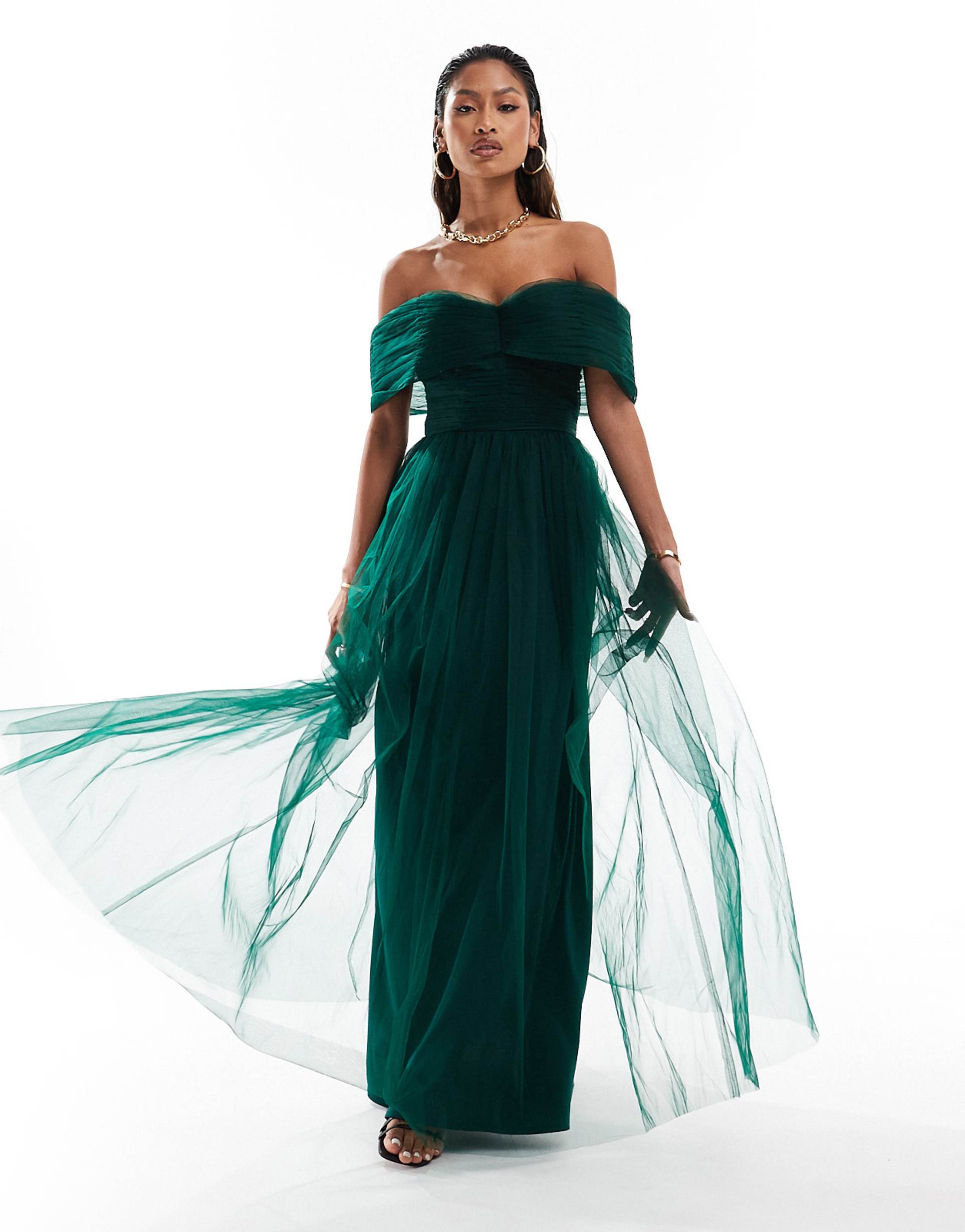 lace & beads bow off shoulder tulle maxi dress in forest green