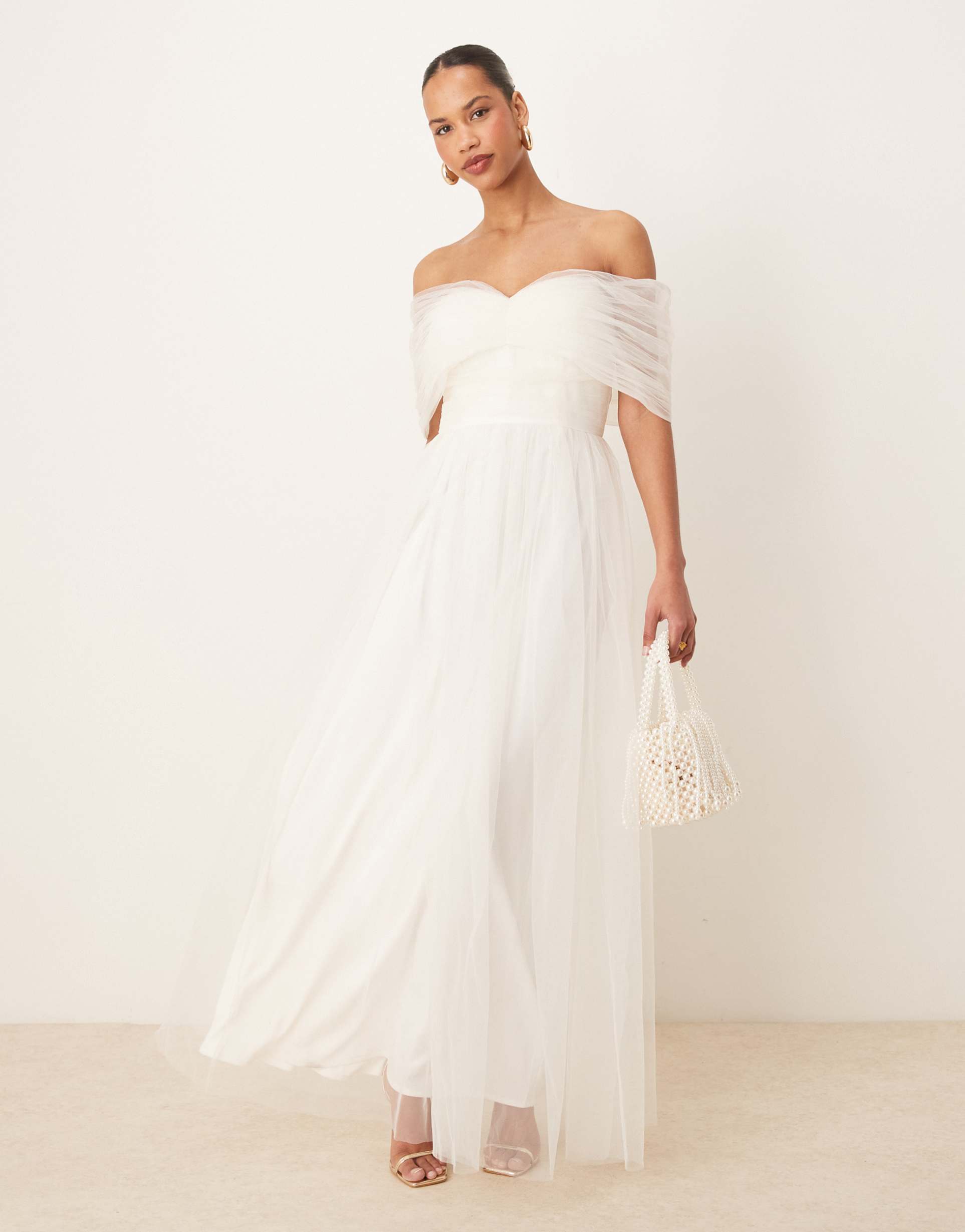 lace & beads bow off shoulder tulle maxi dress in ivory