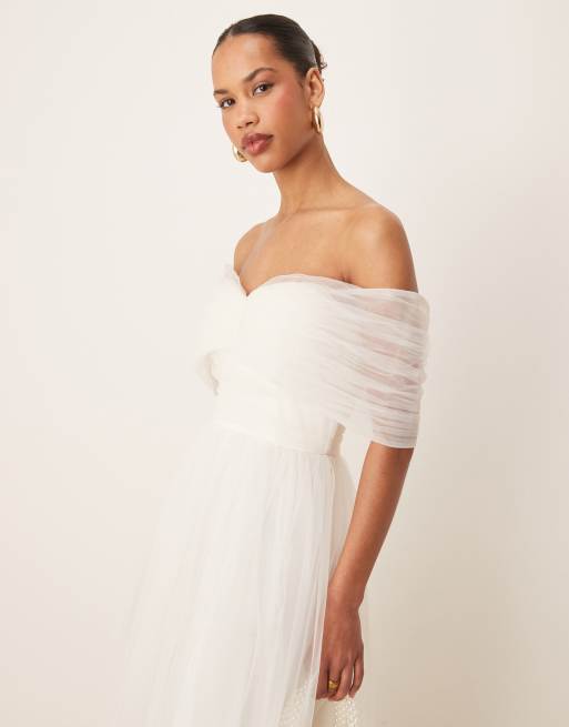 Lace & Beads bow off shoulder tulle maxi dress in ivory