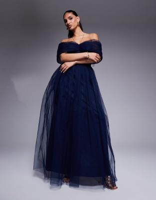 bow off shoulder tulle maxi dress in navy