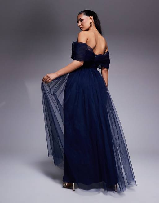 Lace & Beads bow off shoulder tulle maxi dress in navy | ASOS Lace & Beads bow off shoulder tulle maxi dress in navy | ASOS