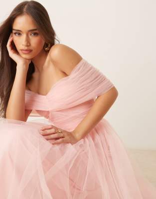 Lace & Beads bow off shoulder tulle maxi dress in soft pink