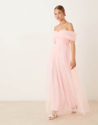 Lace & Beads Bow Off The Shoulder Tulle Maxi Dress In Pink