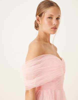 Lace & Beads Bow Off The Shoulder Tulle Maxi Dress