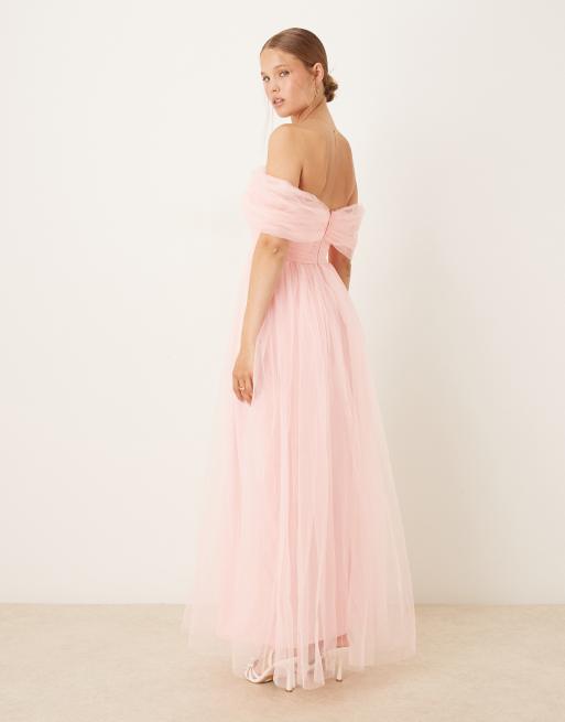 Lace & Beads bow off the shoulder tulle maxi dress in baby pink 