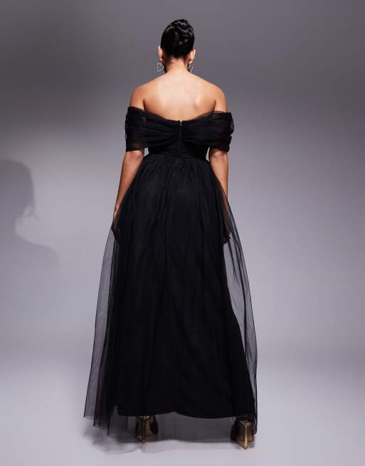 Lace & Beads bow off the shoulder tulle maxi dress in black