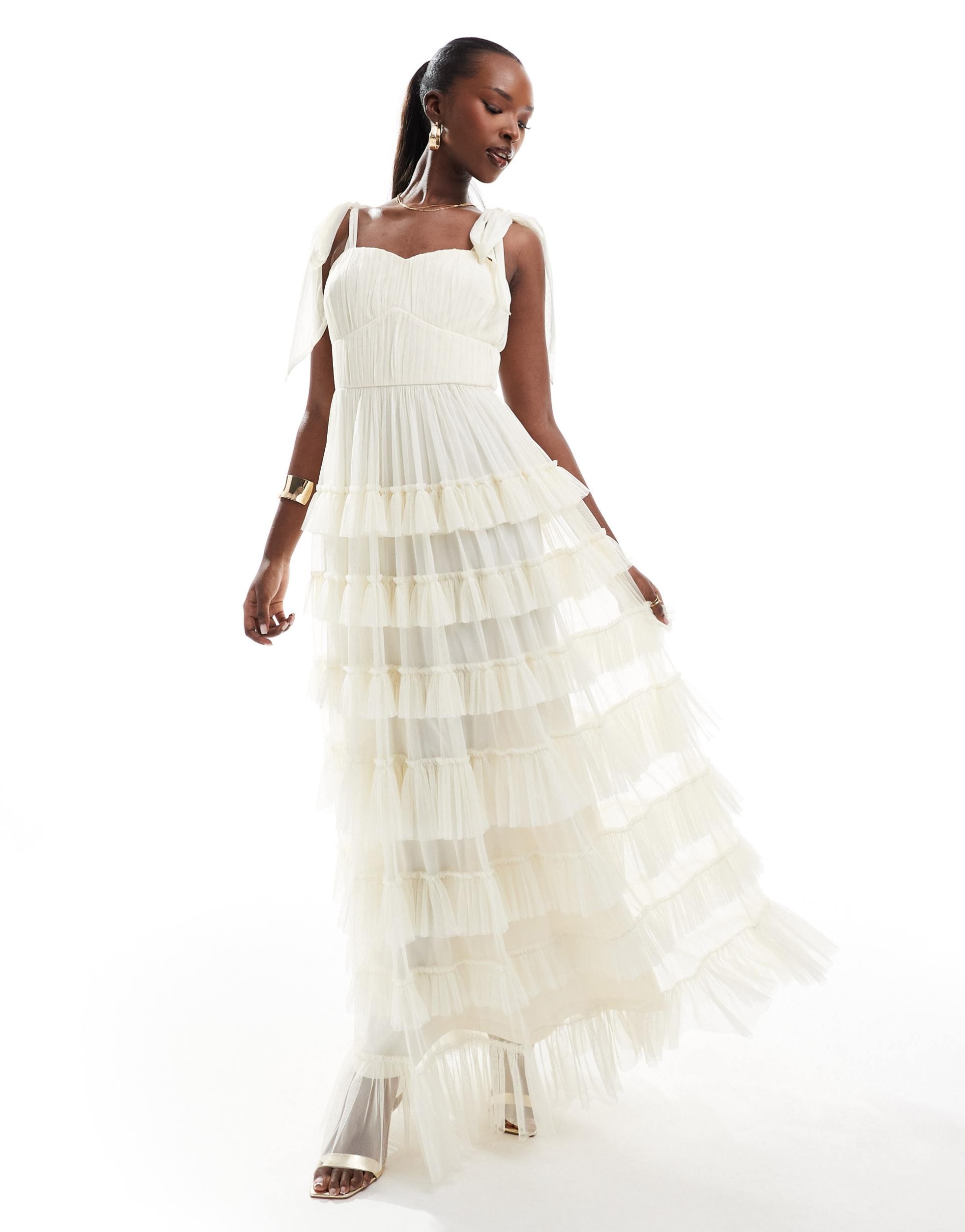 lace & beads bow ruffle midaxi dress in vintage cream