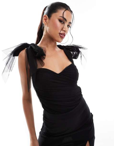 Lace & Beads bow shoulder bodysuit in black - view 1