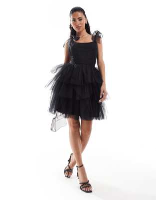 Lace & Beads Lace & Beads bow shoulder corset tulle mini dress in black