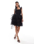 [Lace & Beads] Lace & Beads bow shoulder corset tulle mini dress in black 6 Black