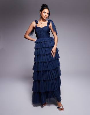 bow shoulder ruffle maxi dress in midnight navy