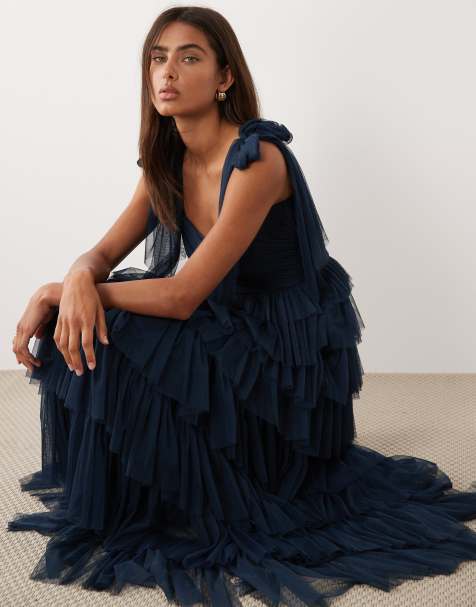 Lace & Beads bow shoulder ruffle maxi dress in navy  - view 1