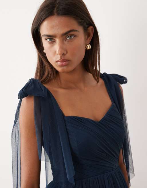 Lace & Beads bow shoulder ruffle maxi dress in navy , 3 of 4