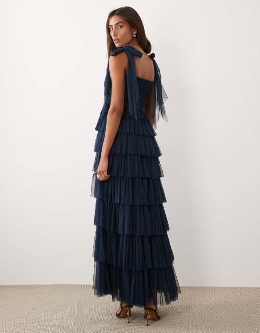 Lace & Beads bow shoulder ruffle maxi dress in navy , 4 of 4