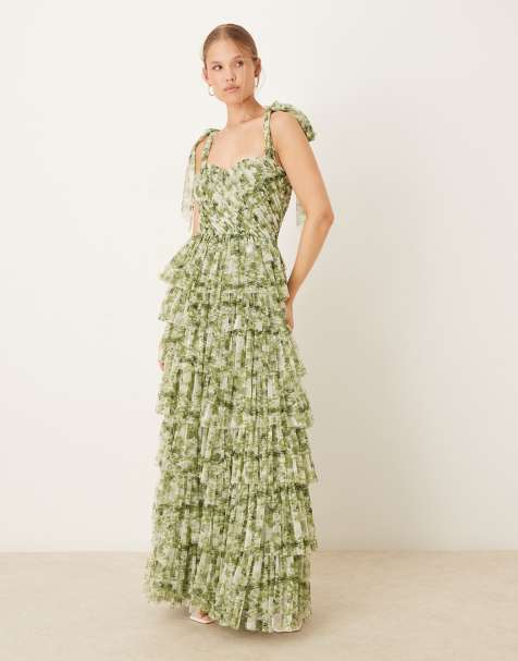 Lace & Beads bow shoulder ruffle maxi dress in olive floral - view 1
