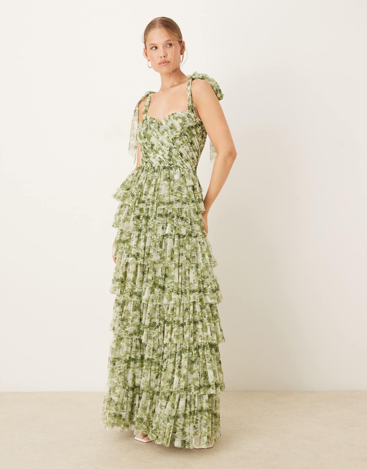 Lace & Beads bow shoulder ruffle maxi dress in olive floral