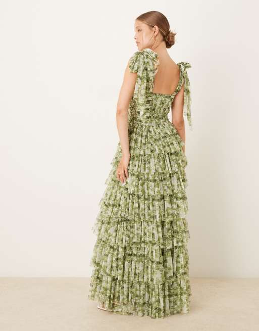 Lace & Beads bow shoulder ruffle maxi dress in olive floral, 3 of 4