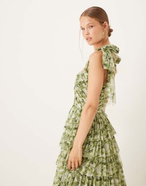Lace & Beads bow shoulder ruffle maxi dress in olive floral, 4 of 4