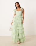 [Lace & Beads] Lace & Beads bow shoulder ruffle maxi dress in pistachio-Green 8 Pistachio