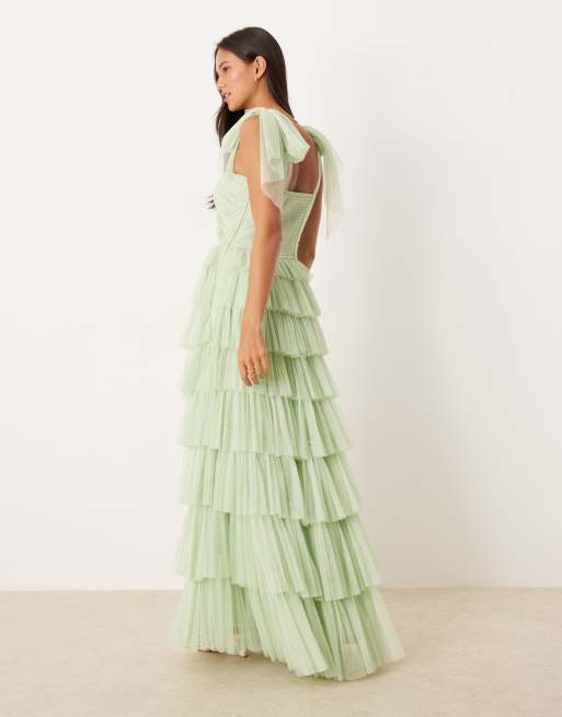Lace & Beads bow shoulder ruffle maxi dress in pistachio, 3 of 4