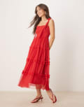 [Lace & Beads] Lace & Beads bow shoulder ruffle midi dress in cherry red 14 Cherry Red