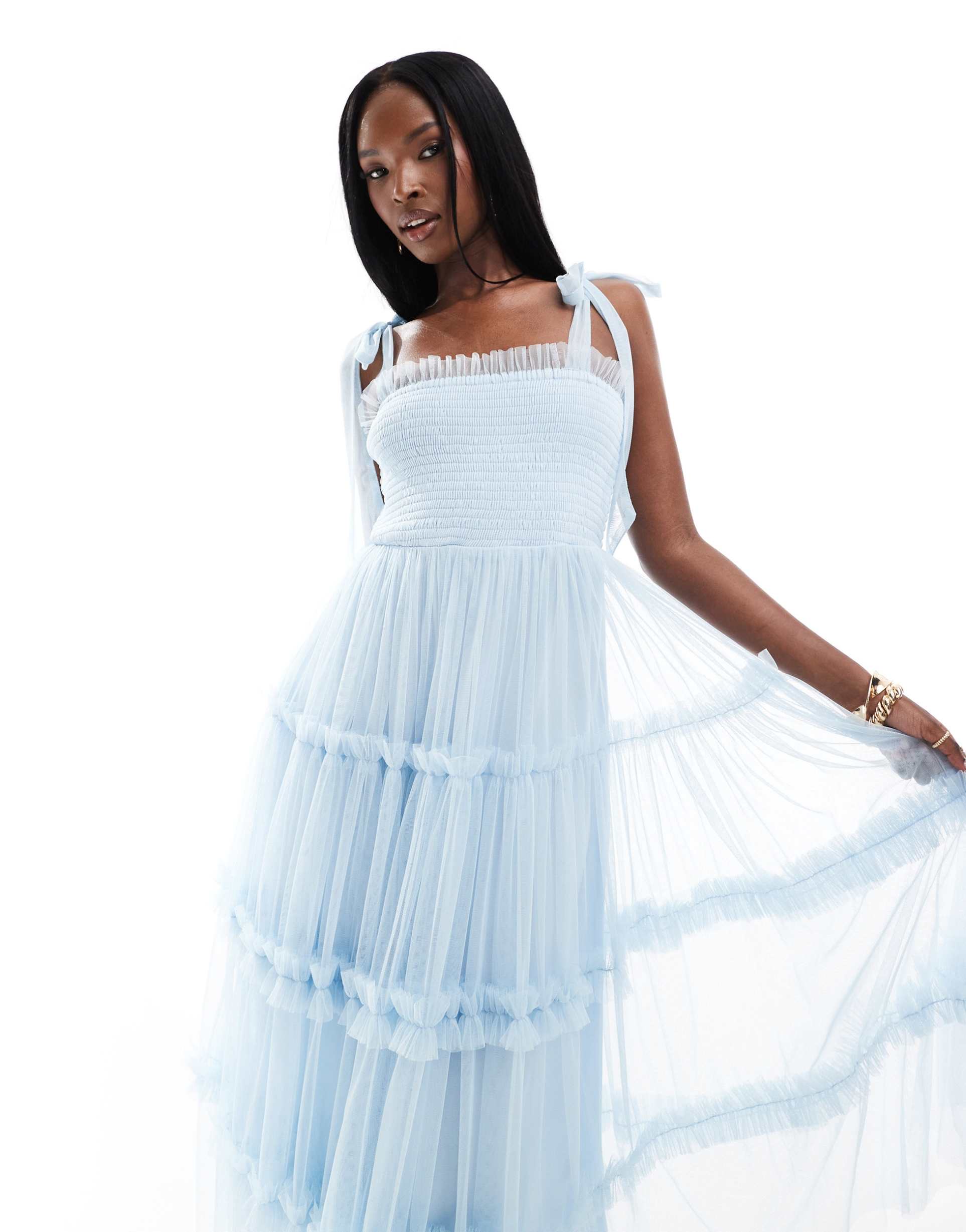 lace & beads bow shoulder ruffle midi dress in sky blue