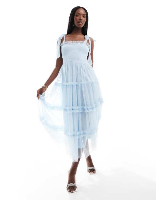 Lace Beads bow shoulder ruffle midi dress in sky blue ASOS