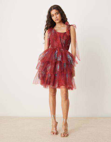Lace & Beads bow shoulder ruffle mini dress red floral - view 1