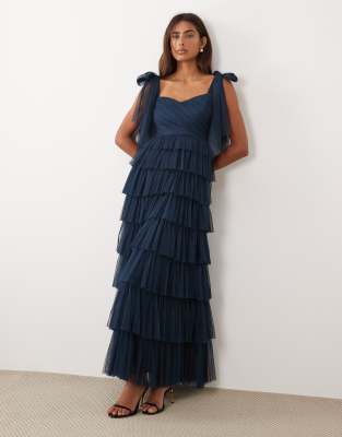 Lace & Beads Bow Shoulder Ruffled Maxi Dress In Blue