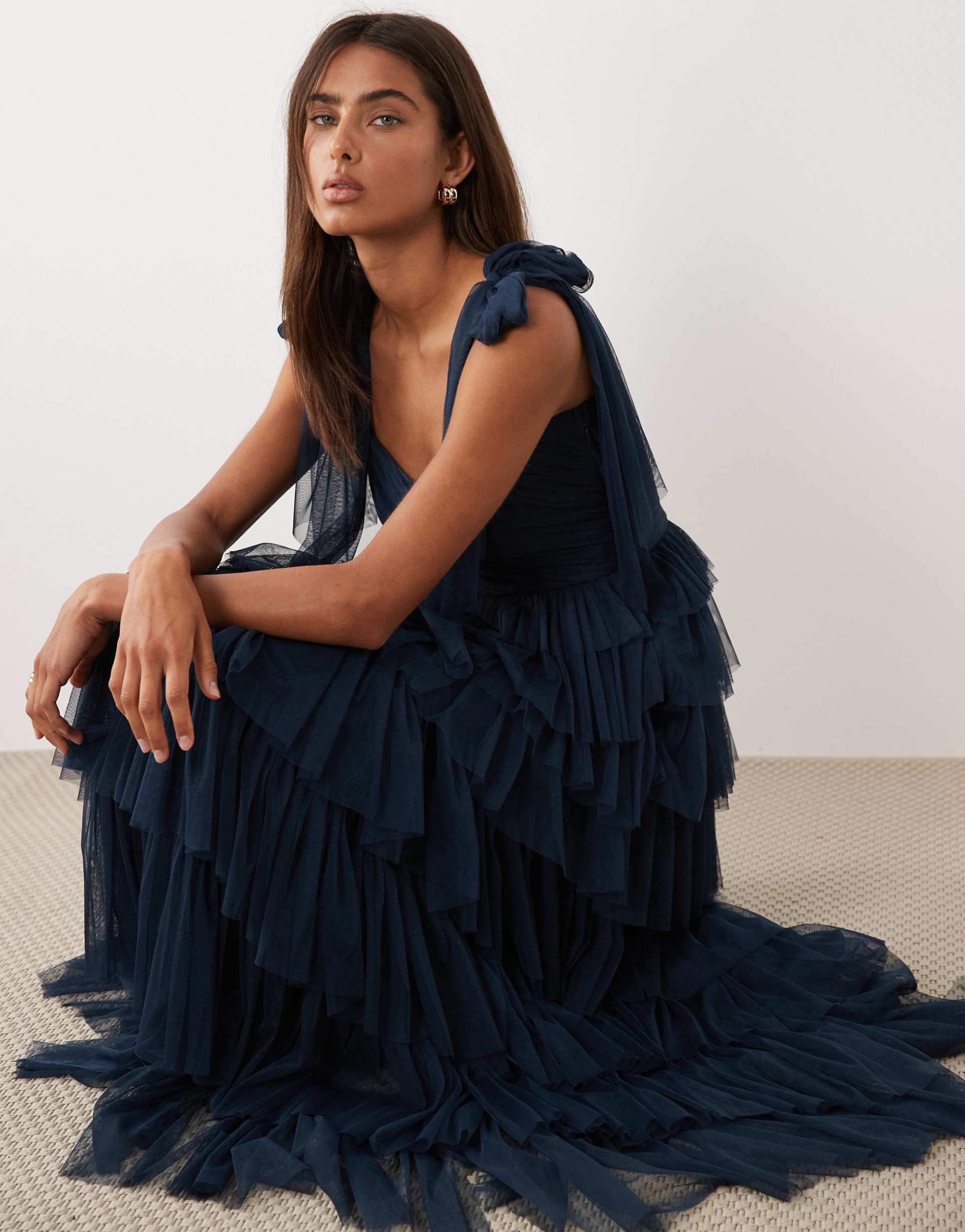 lace & beads bow shoulder ruffled maxi dress in navy