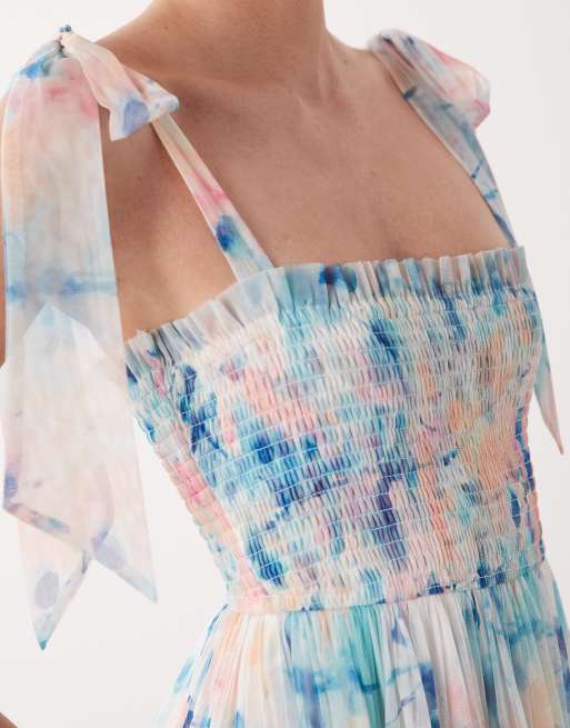 Lace & Beads bow shoulder shirred ruffle midi dress in blue abstract floral print, 3 of 4