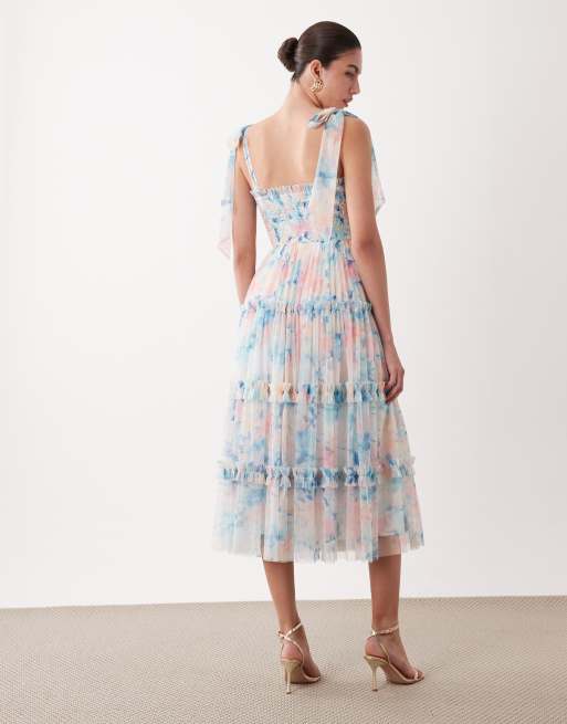 Lace & Beads bow shoulder shirred ruffle midi dress in blue abstract floral print, 4 of 4