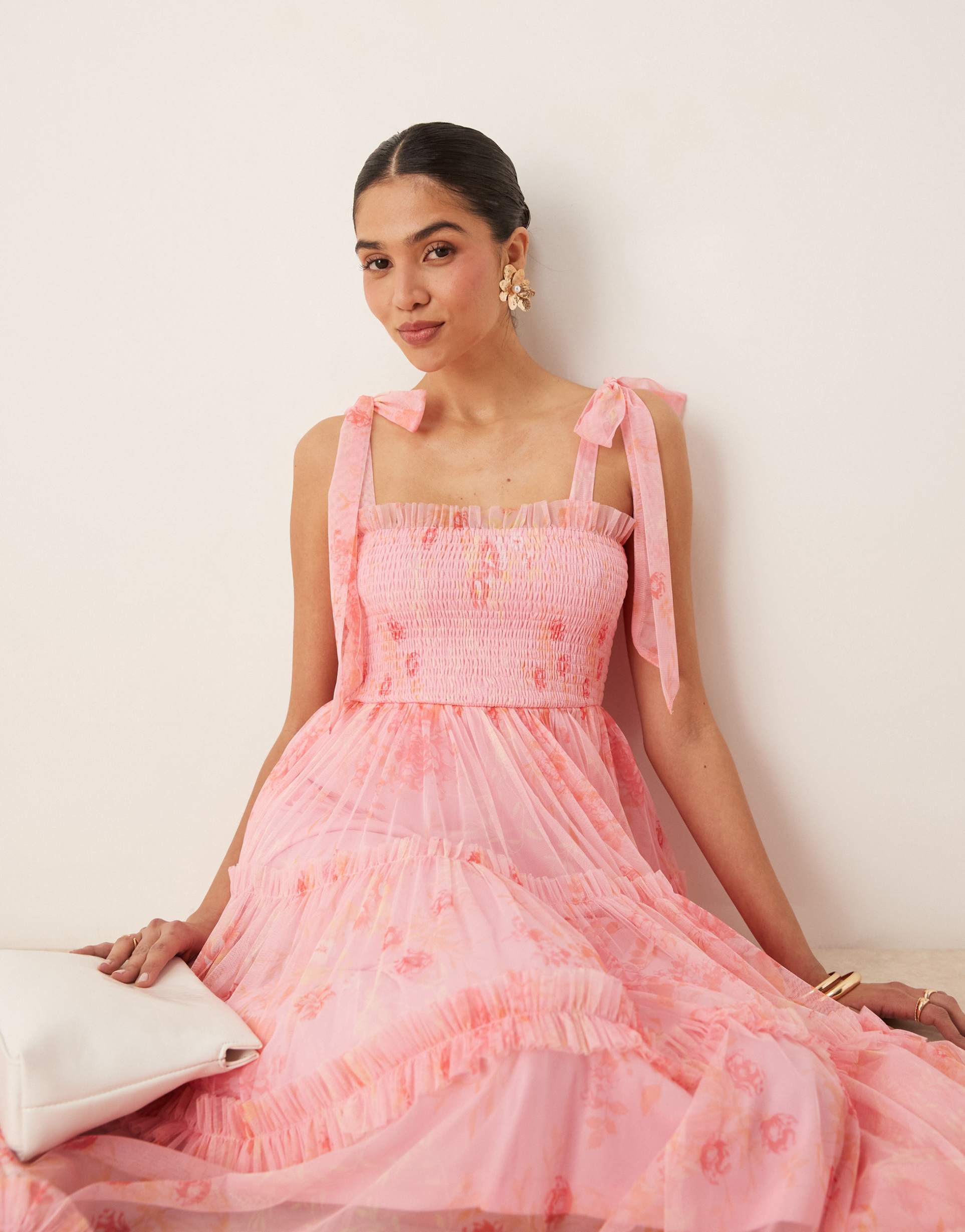 lace & beads bow shoulder shirred ruffle midi dress in pink floral