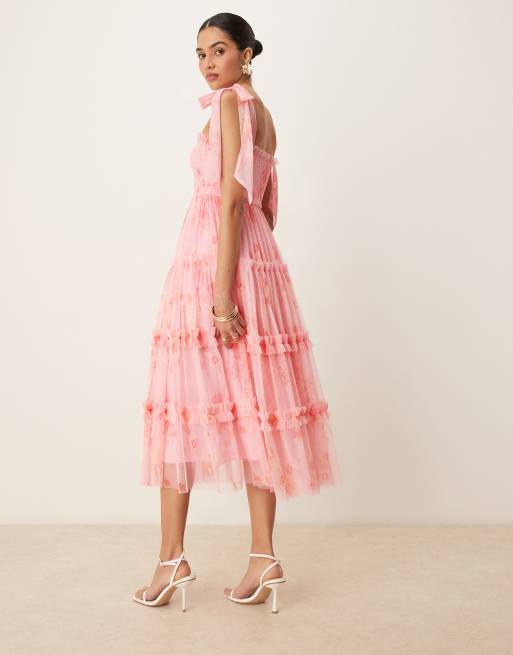 Lace & Beads bow shoulder shirred ruffle midi dress in pink floral, 3 of 4