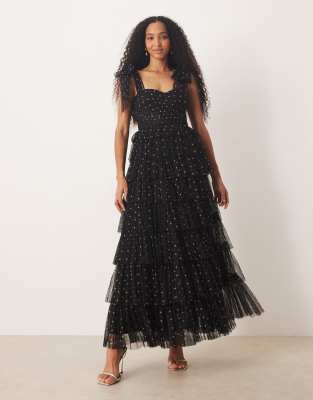 Lace & Beads Bow Shoulder Tiered Tulle Maxi Dress In Black