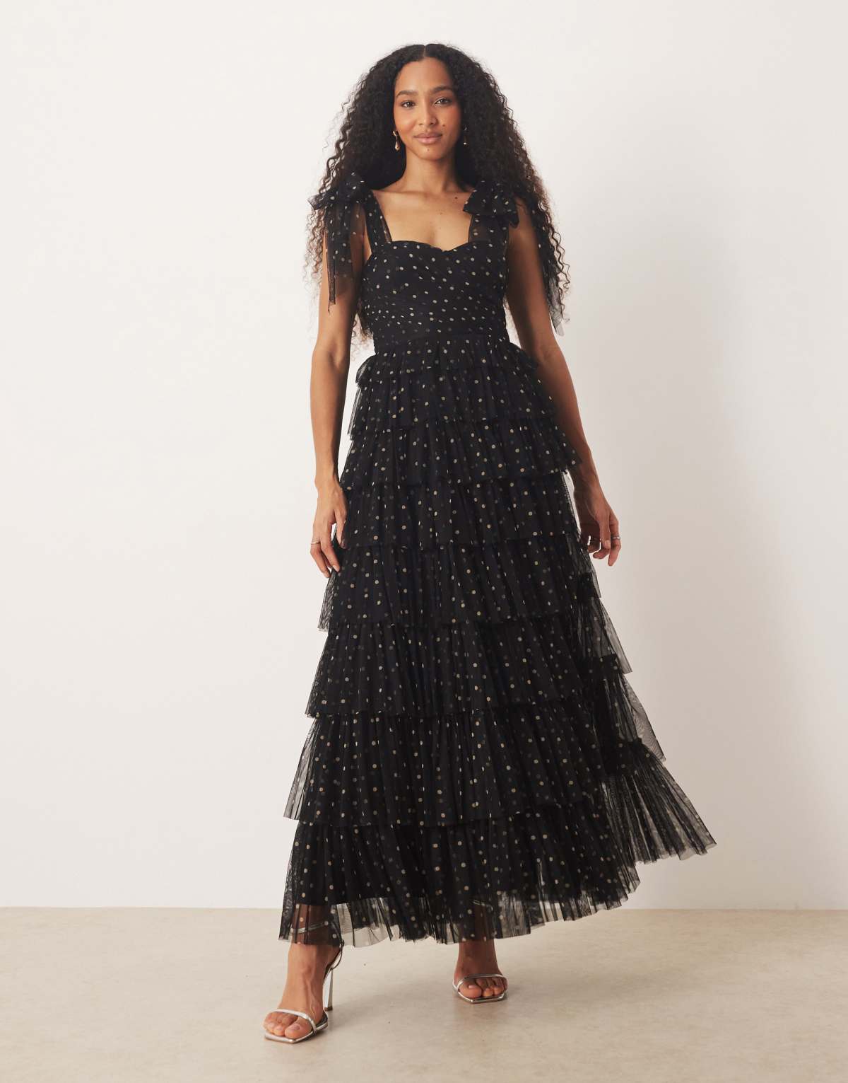 Lace & Beads bow shoulder tiered tulle maxi dress in black polka dot