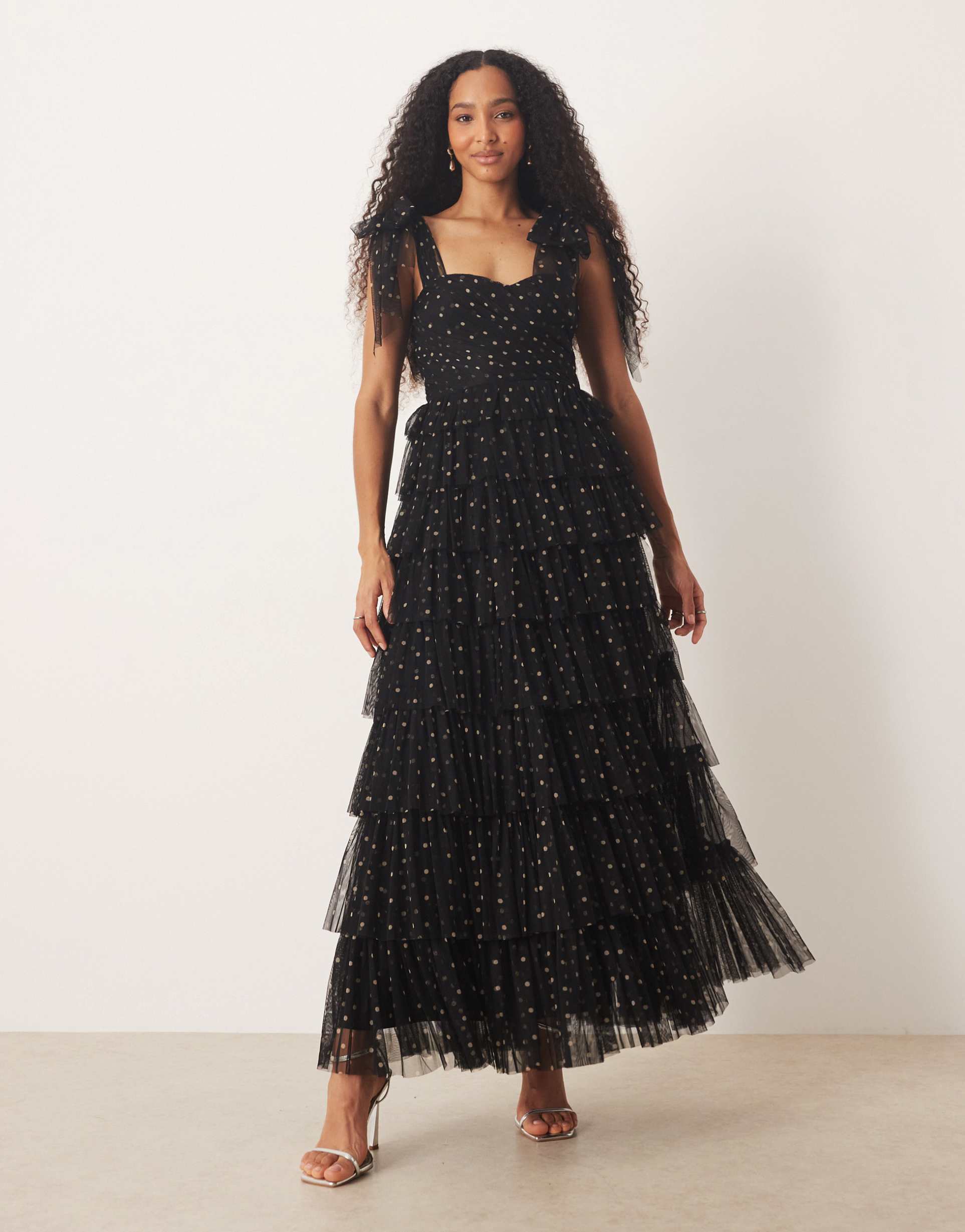 lace & beads bow shoulder tiered tulle maxi dress in black polka dot