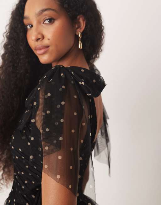 Lace & Beads bow shoulder tiered tulle maxi dress in black polka dot, 2 of 4