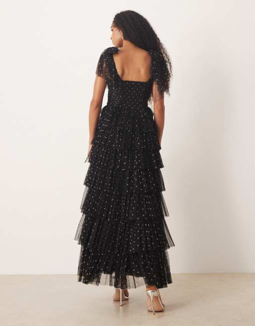 Lace & Beads bow shoulder tiered tulle maxi dress in black polka dot, 3 of 4
