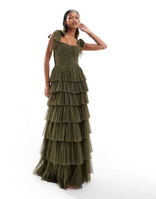 Lace & Beads bow shoulder tiered tulle maxi dress in deep olive, 4 of 4