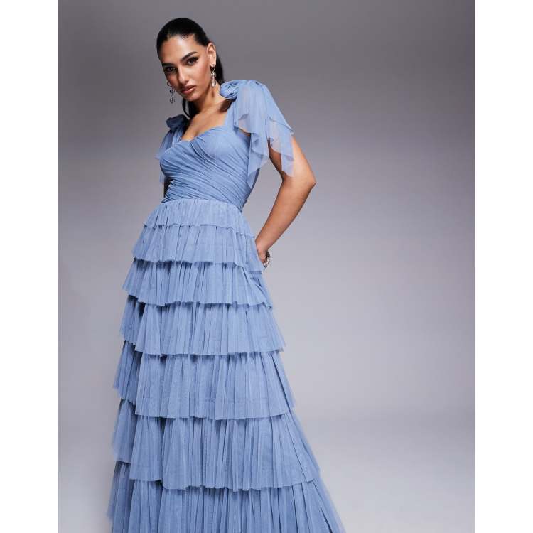 Lace & Beads bow shoulder tiered tulle maxi dress in dusty blue | ASOS