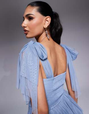 Lace & Beads Bow Shoulder Tiered Tulle Maxi Dress In Blue