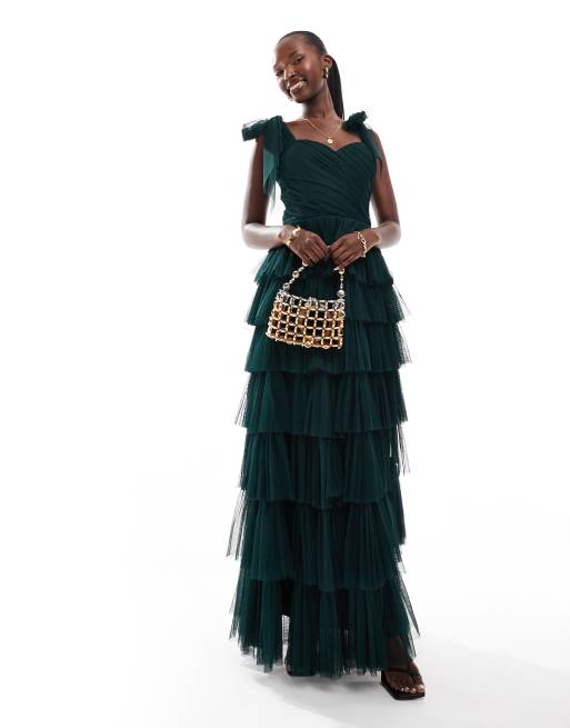 Lace Beads bow shoulder tiered tulle maxi dress in emerald