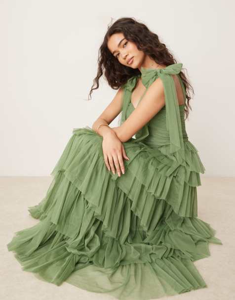 Lace & Beads bow shoulder tiered tulle maxi dress in olive - view 1