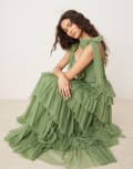 [Lace & Beads] Lace & Beads bow shoulder tiered tulle maxi dress in olive-Green 10 Olive green