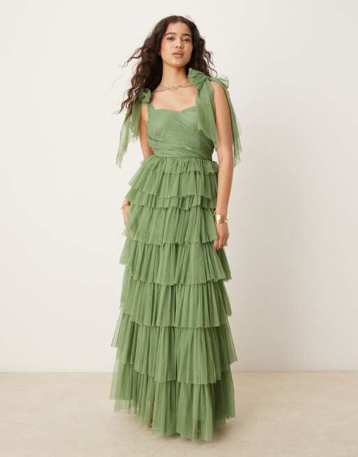 Lace & Beads bow shoulder tiered tulle maxi dress in olive