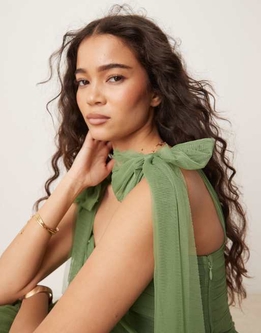 Lace & Beads bow shoulder tiered tulle maxi dress in olive