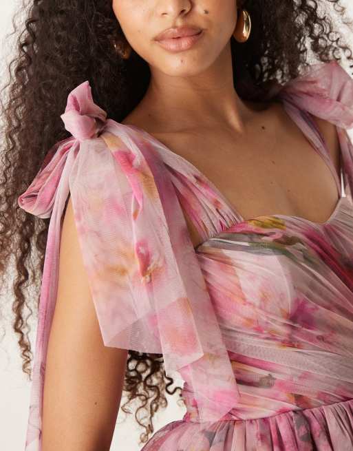 Lace & Beads bow shoulder tiered tulle maxi dress in pink floral, 2 of 4